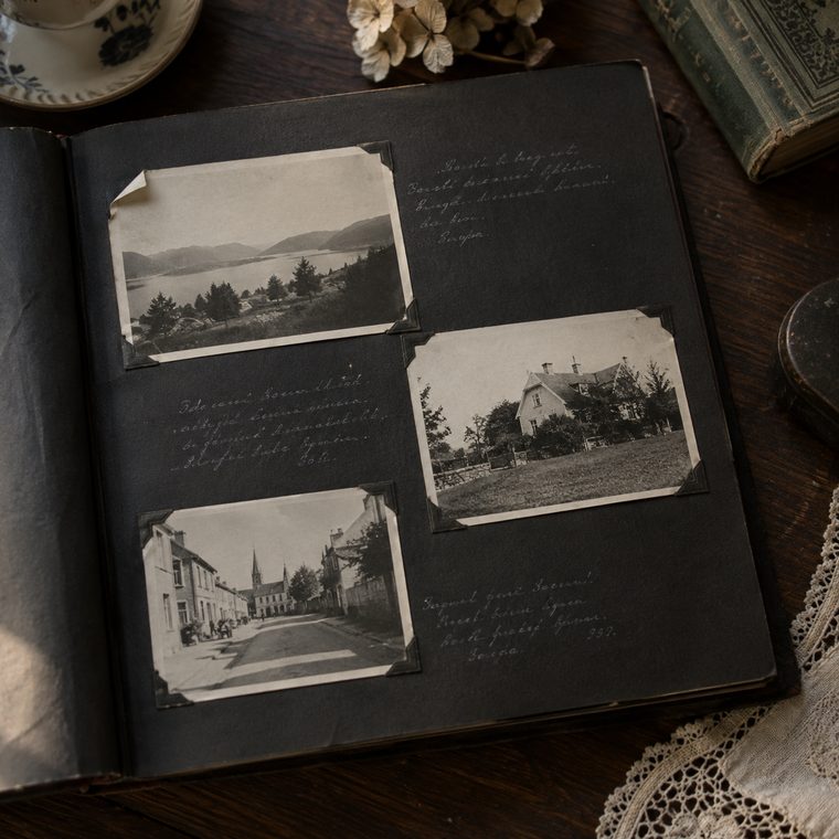 Aufgeschlagene Fotoalbumseite mit Schwarzweißfotos